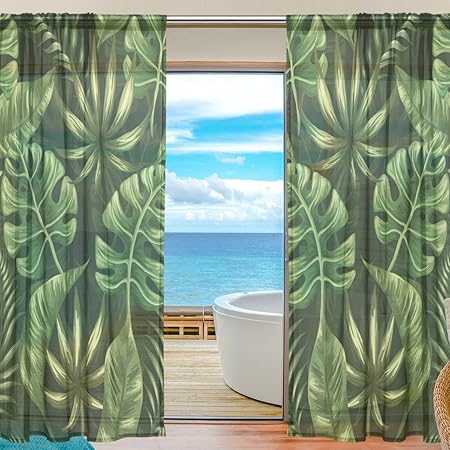 Sheer Voile Window Curtain Tropical Leaf Leaves Pattern Printed