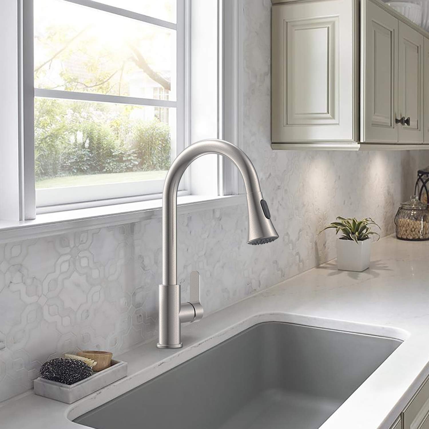 AMAZING FORCE Brushed Nickel Kitchen Faucet with Pull Down Sprayer Kitchen Sink Faucet Single Handle Kitchen Faucet Brushed Nickel Utility Sink Faucet for Laundry Sink Stainless Steel - - 