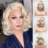 AFBeauty 613 Blonde Short Curly Bob Wig Synthetic Lace Front Wig Loose Wave Platinum Natural Hairline Shoulder Free Part Length Heat Resistant Glueless Bob Cut Wigs for Women Cosplay Daily 12 Inch