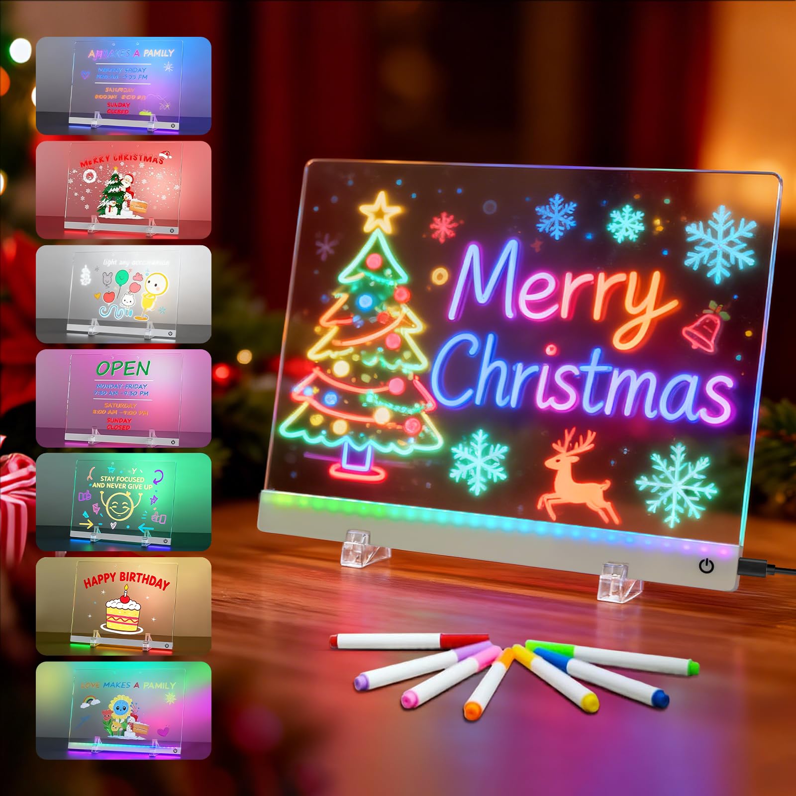 LED Note Board with 7 Colors, 13.7"x10" Led Drawing Board for Kids, Rewritable Acrylic Dry Erase Boards with Light, Light up Message Board with 7 Markers, Holiday Trend Gift