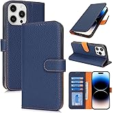 Zouzt Case for iPhone 14 Pro 6.1" Genuine Leather Wallet Case with 4 Card Slot, RFID Blocking Card Holder Magnetic Flip Folio Kickstand Shockproof Phone Cover Women Men - Blue & Orange