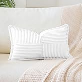 OTOSTAR Striped Corduroy Throw Pillow Covers with Splicing Super Soft Boho Pillow Covers Broadside Decorative Textured Throw Pillows for Couch Sofa Bed Living Room 12x20 Inch, White