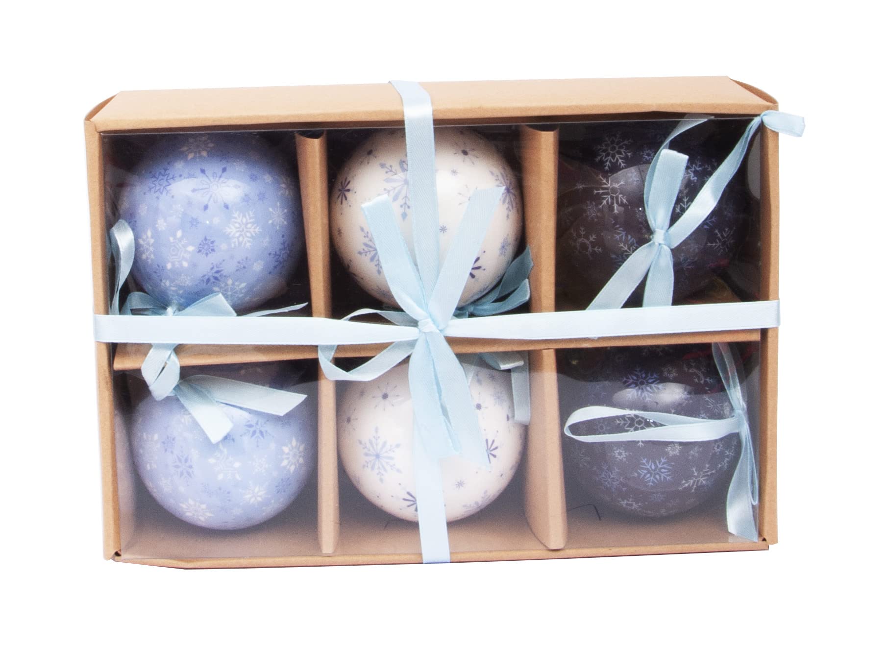 Ciao Set of 6 decoupage Christmas Tree Balls (Ø7,5cm) Snowflakes with fabric ribbon in havana giftbox