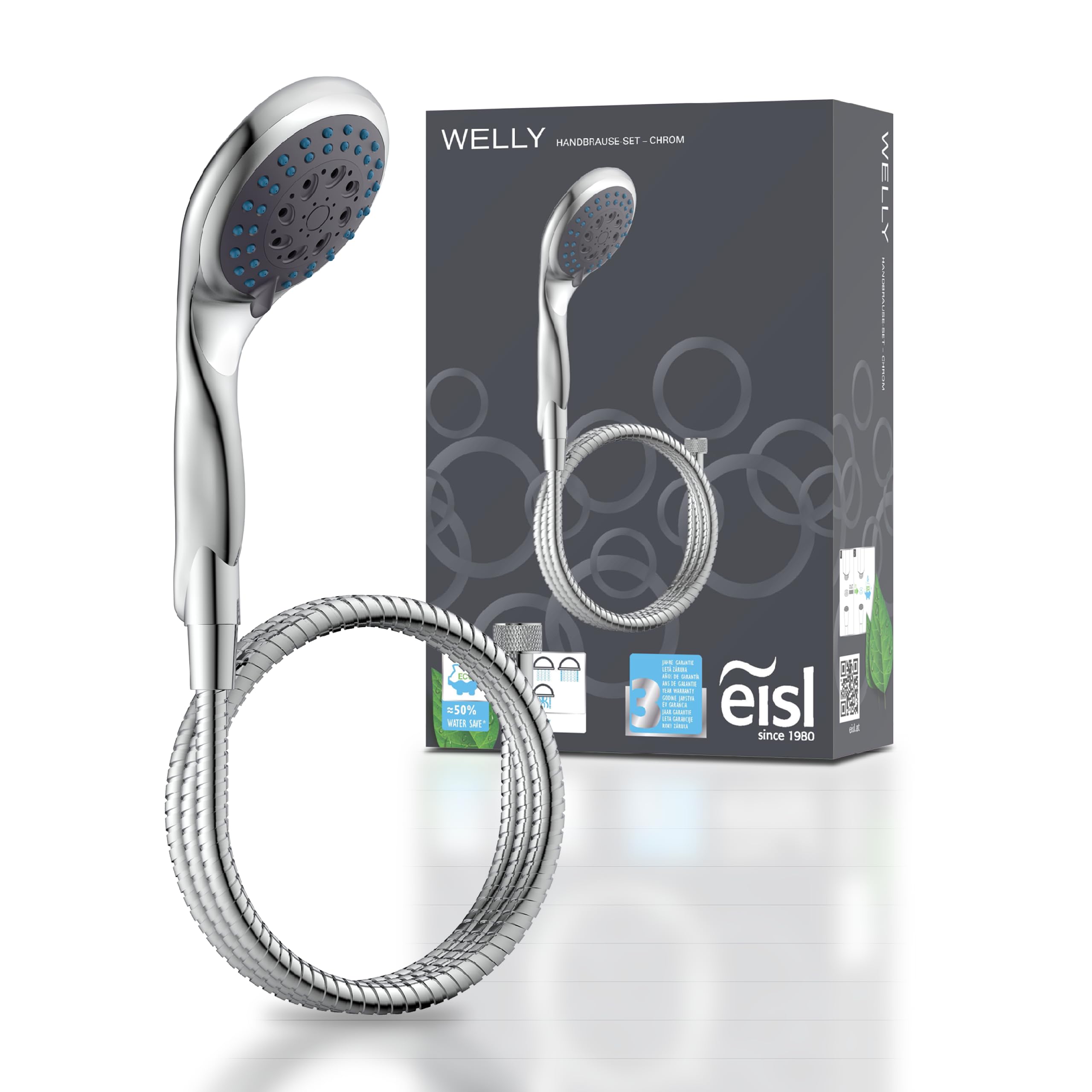 EISL Welly DX6051C Hand Shower Set with Hose and 5 Functions Shower Head with Shower Hose and Water-Saving Seal Chrome
