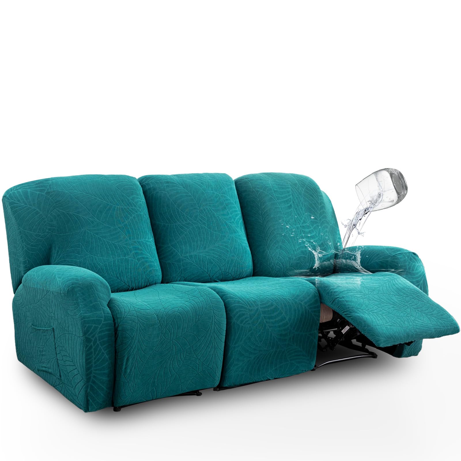 Photo 1 of vctops Water Repellent 8-Piece Recliner Sofa Covers, Leaf Jacquard Stretch Soft Reclining Couch Covers, 3 Seat, Teal