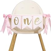 UOAOU Bow 1st Birthday High Chair Banner - Bow First/1st Birthday Party Decor,Pink and White Highchair,Coquette Girl One Party Decorations (Banner-2)
