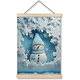 Qykwz Blue Christmas Snowman Wall Art Poster, Blue Snowman Decor, Pastel Xmas Snowflake Winter Holiday Wall Decor Canvas Prints for Home Bedroom Living Room, 12x16 in