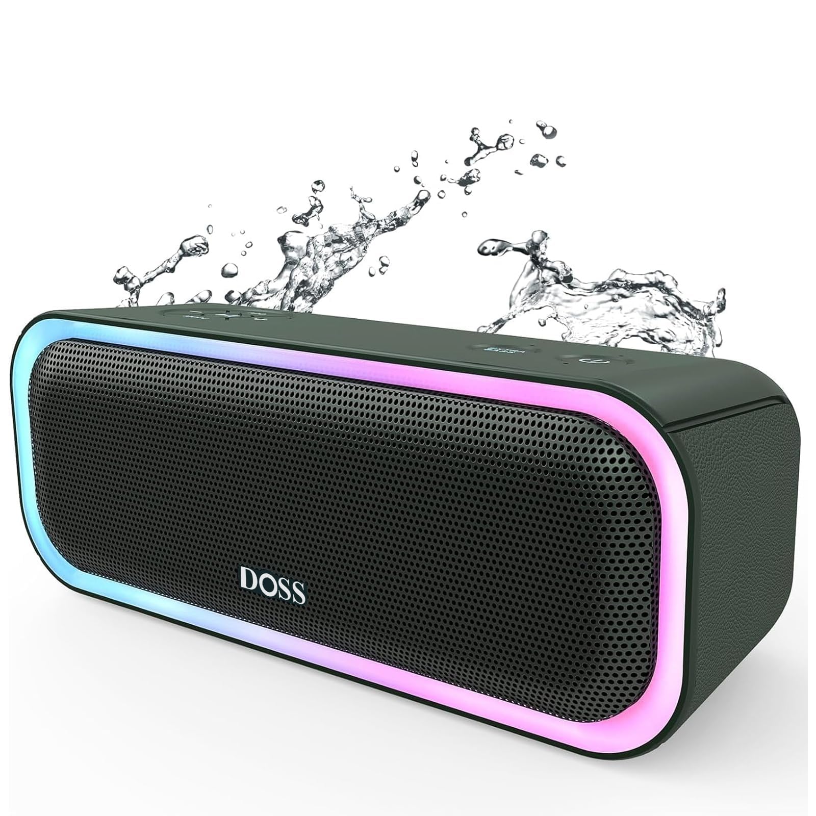 DOSS SoundBox Pro Bluetooth Speaker, 20W Stereo Sound, Active Extra Bass, 20H Playtime, Multi-Colors Lights, Wireless Stereo Pairing, IPX6 Waterproof for Garden, Hiking, Camping-Cypress Green Image