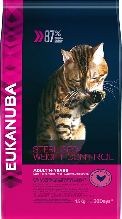 Eukanuba Croquettes Sterilise Ou En Surpoids Pour Chat Croquettes Recommandees Par Les Veterinaires Alimentation 100 Complete Et Equilibree Riche En Poulet Sac Refermable De 1 5kg Amazon Fr Animalerie