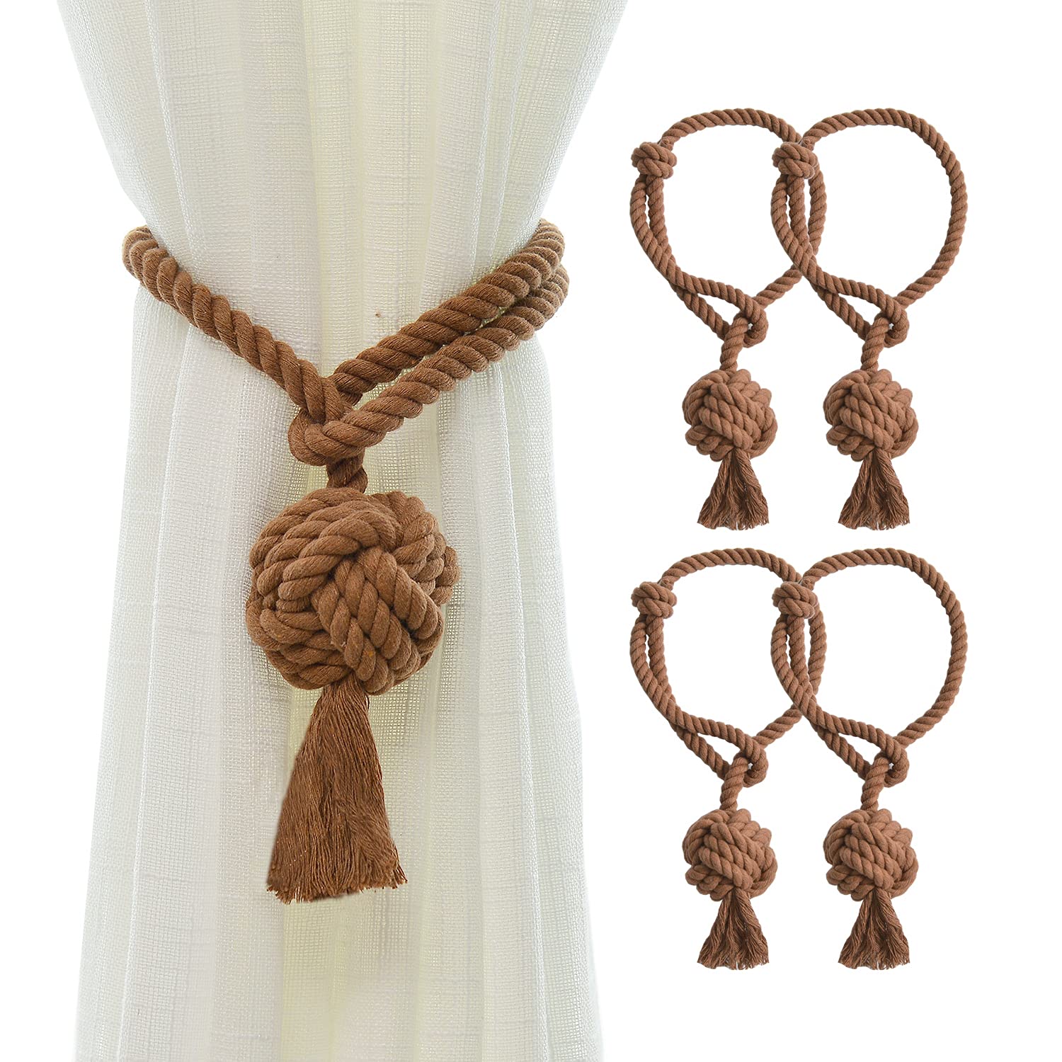 JQWUPUP Hand Knitting Curtain Tiebacks Rope for Draperies - Decorative Rustic Holdbacks, Rope Holdbacks Holders for Sheer Curtain and Outdoor Curtain(Set of 4, Coffee)