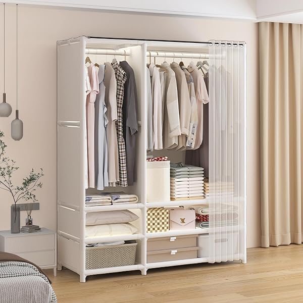 WEALTHYHEART PORTABLE CLOSET,WARDROBE,HEAVY DUTY CLOTHES RACK WITH COVER,JAPANESE STYLE GARMENT RACK WITH 2 HANGING RODS,6 STORAGE SHELVES,43.3″ L X 17.7″ W X 65.1″ H,WHITE