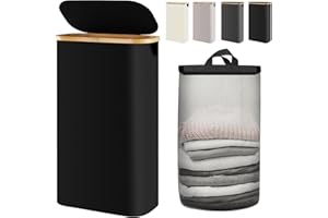 Bathola Slim Laundry Hamper with Lid 65L, Dirty clothes Hamper for Laundry Basket Collapsible, Thin Laundry Hamper with Removable Bag & Bamboo Handles, Narrow Laundry Hamper for Small Space