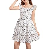 RoseSeek Girl's Floral Summer Dress Ruffle Shirred High Waist Ruched Sweetheart A Line Spring Dress Solid White 14Y