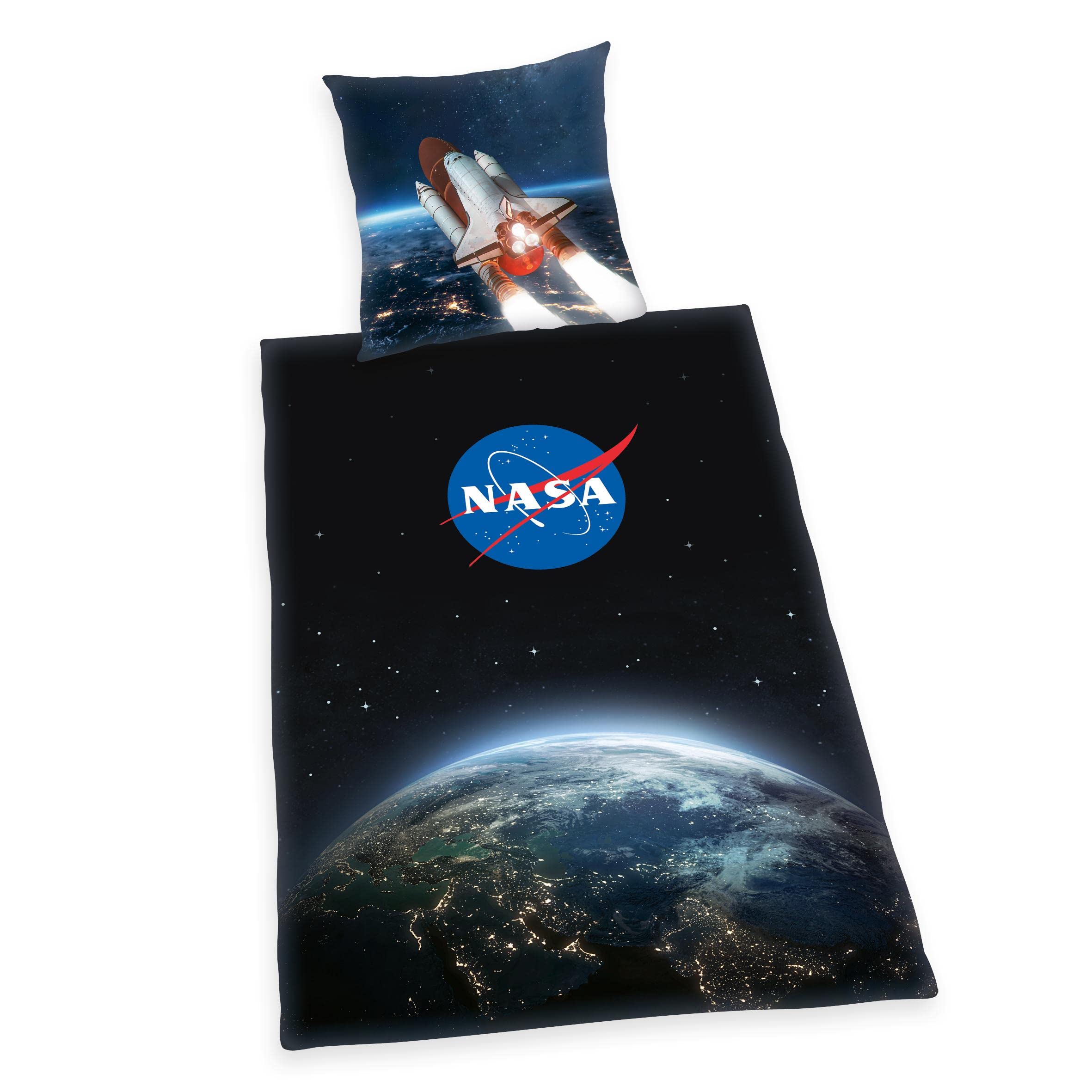 Herding NASA Bedding Set, Pillowcase 80 x 80 cm, Duvet Cover 135 x 200 cm, with smooth-running zip, 100% Cotton/Renforcé, Black