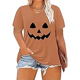 ForHailey Plus Size Tops for Women Halloween Lantern Face Pumpkin Thanksgiving Tops Costume Funny Short Sleeve Crew Neck T Shirts Black Orange 3X-Large