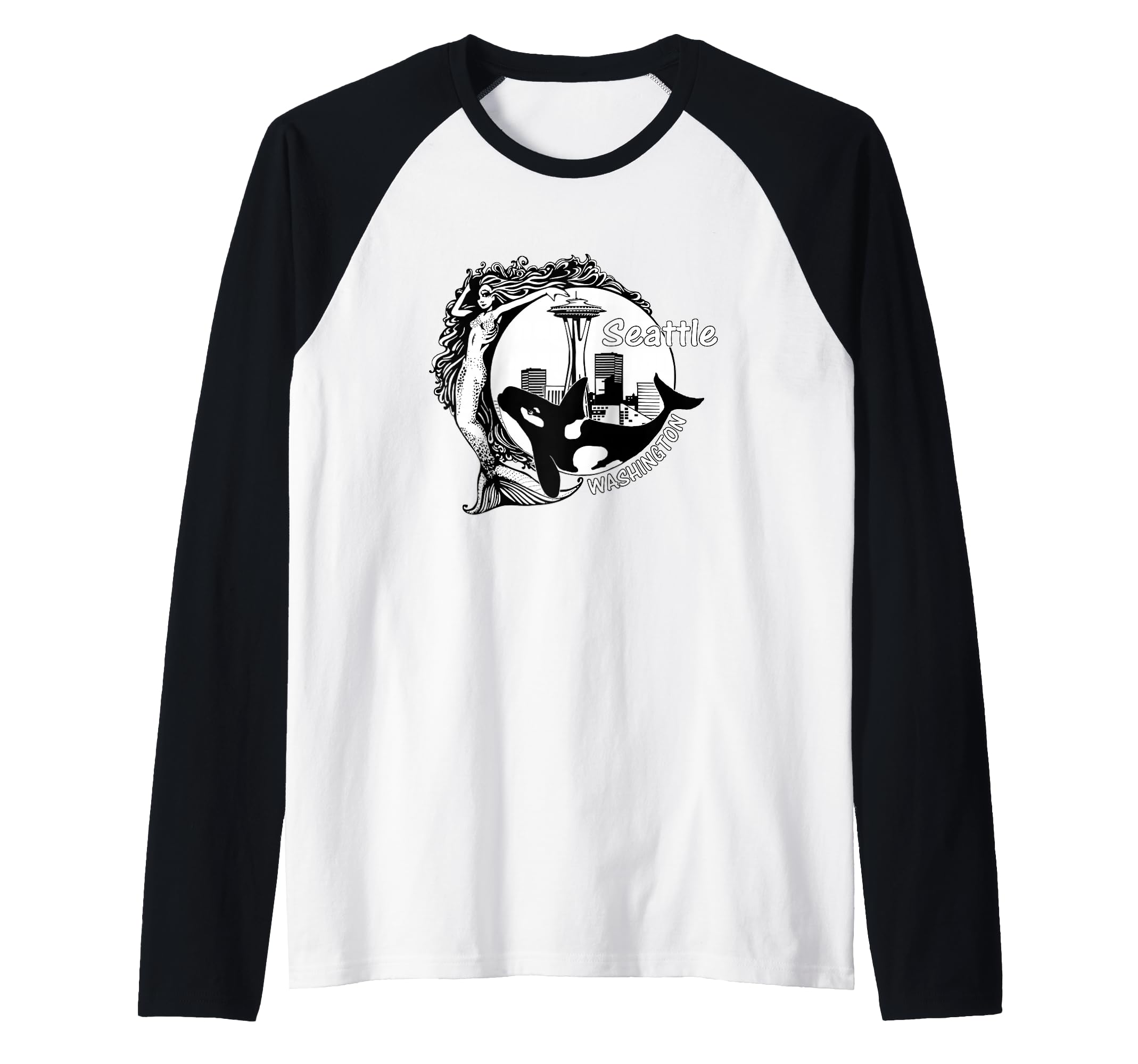 Vintage Seattle Washington Space-Needle Mermaid Orca Design Raglan Baseball Tee