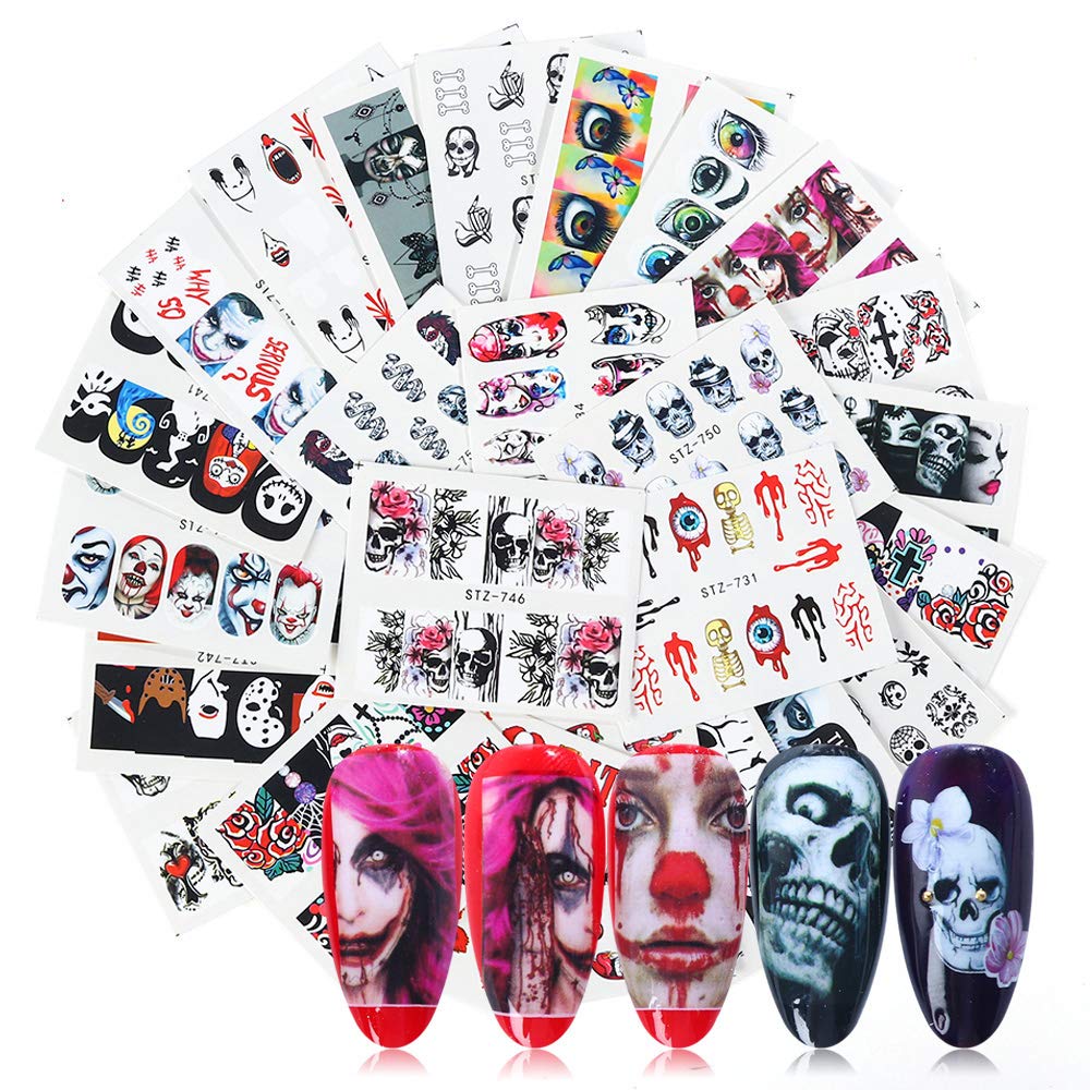 Halloween Nail Stickers Day of the Dead Nail Art Accessories Decals 25 Sheets Ghost Skull Eye Clown Hulk Water Transfer Nail Art Stickers for Halloween Party Supply Fingernails Toenails Decorations: Beauty