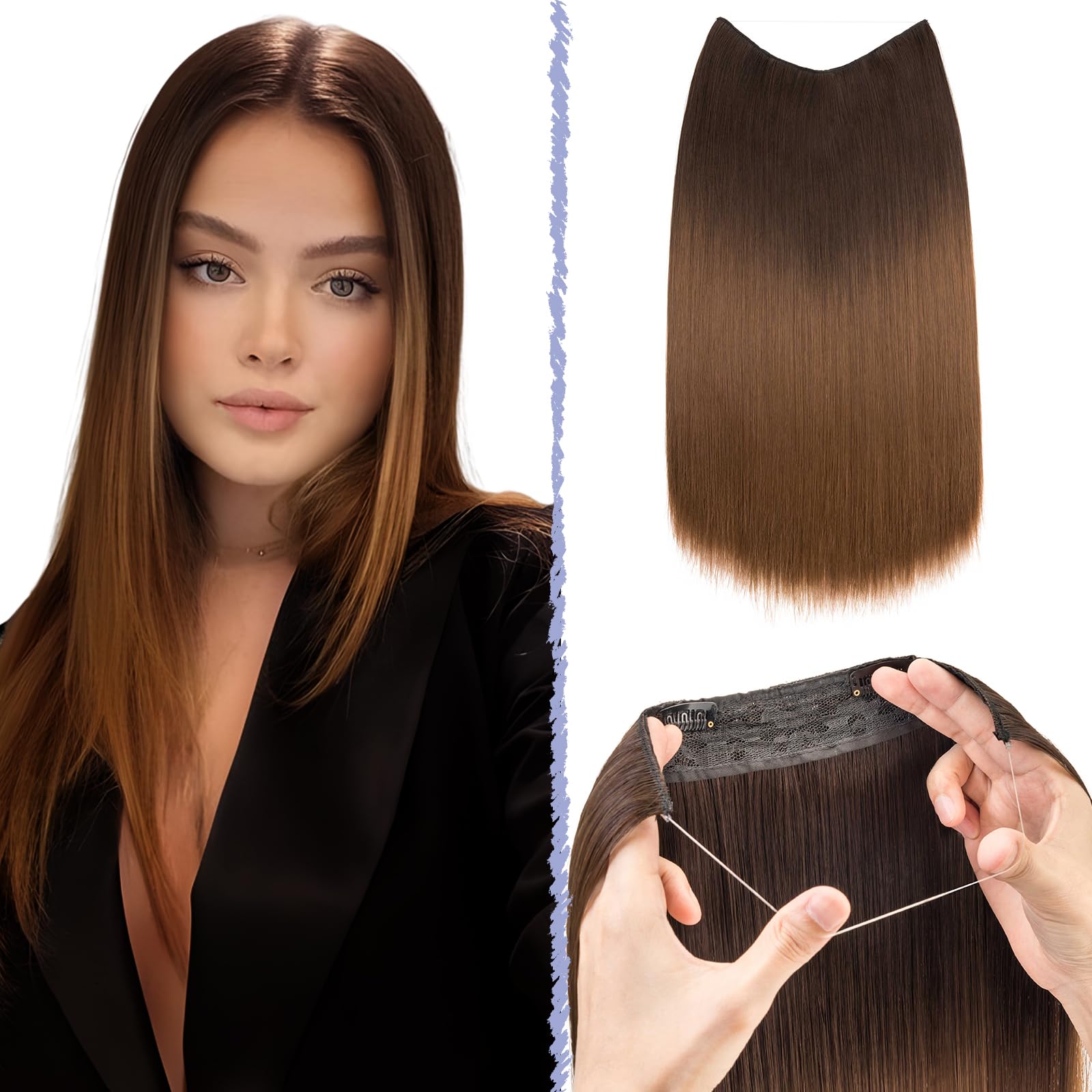 TESS Secret Wire Hair Extension Invisible One Piece Synthetic Hair Extensions Straight Full Thick Long Adjustable Hairpieces for Women (Medium Brown With Golden Blonde, 20 Inch) — image 1