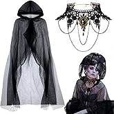Tarpop Halloween Witch Black Hooded Cape and Black Gothic Lace Choker Necklaces, Witch Costume Accessories Sheer Vampire Cape for Women Cosplay