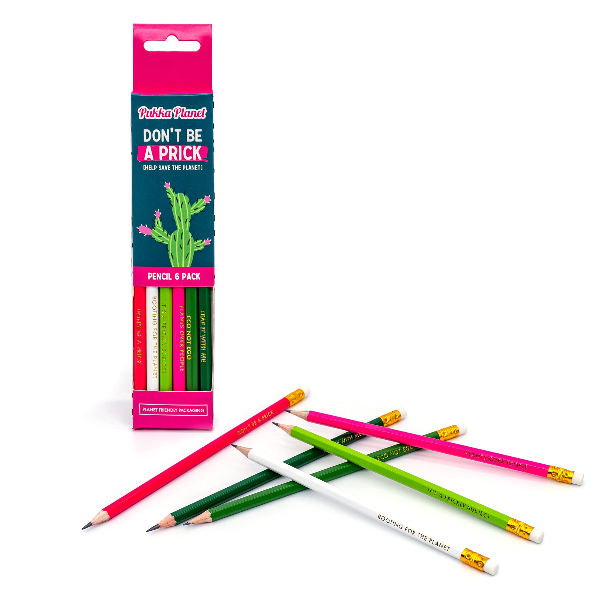 Pukka Pad, Pukka Planet HB Pencils with Eraser Tip – Pack of 6 with Assorted Mottos in Gold – Sustainable and 100% Recyclable Packaging – Cactus