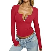 Womens Henley Long Sleeve Shirt Sexy Deep V Neck Square Neck Tee Slim Fitted Y2K Going Out Top Spring Fall Clothes 2025