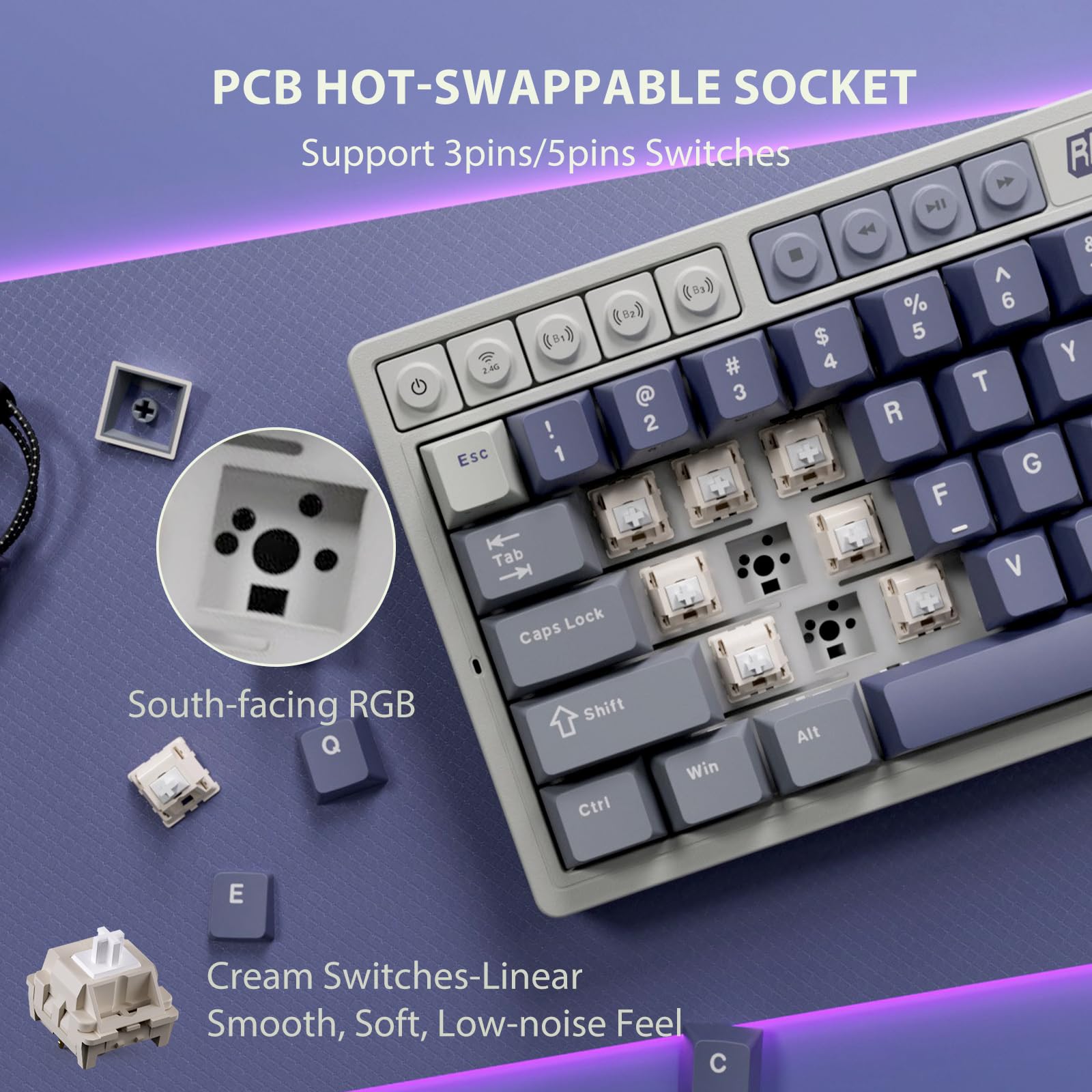 RK ROYAL KLUDGE M65 Wireless Mechanical Keyboard with Volume Knob, 60% Tri-Mode Gaming Keyboard 2.4G/BT/USB-C, Gasket Mount, Battery Display, PBT Keycaps, Hot-Swappable Cream Switch, Blue