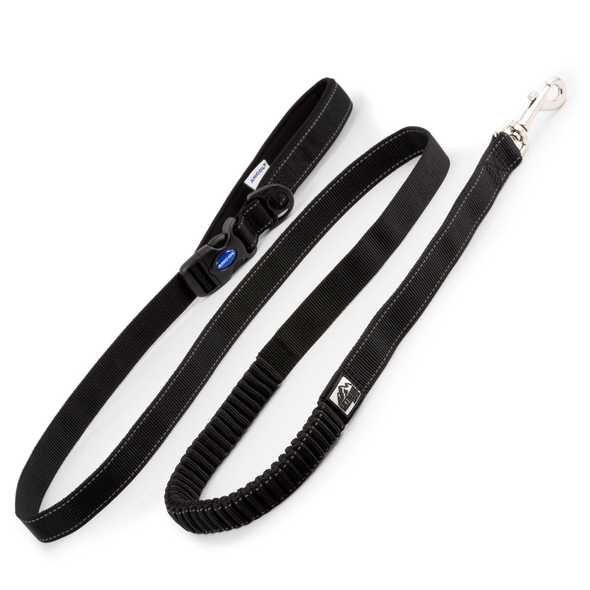 Ancol Extreme Shock Absorb Running Lead - Black Nylon Weave Dog Lead with Neoprene Padded Handle - Reflective Piping for Low Light Visibility - 180cm