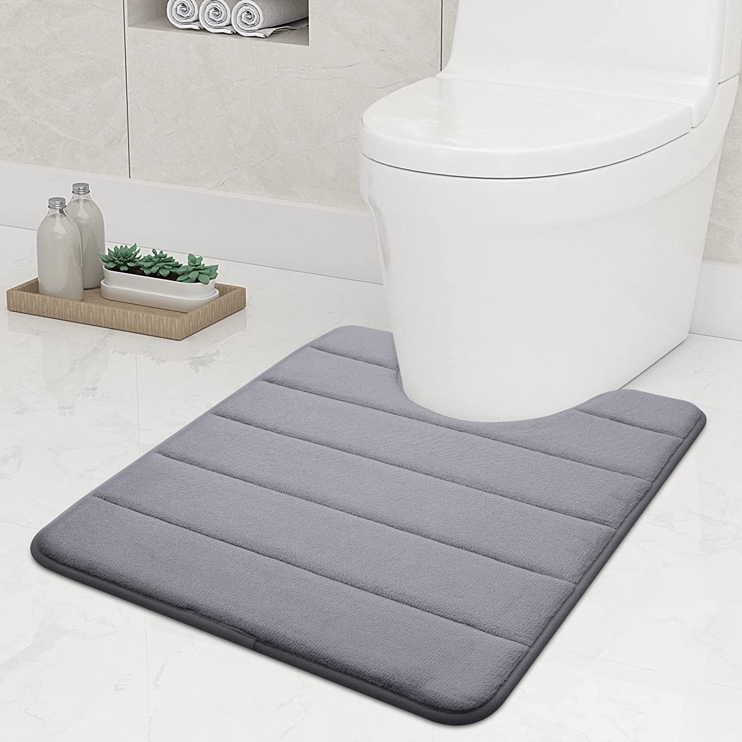 smiry Non-Slip Toilet Mat, Extra Soft U-Shape Pedestal Mat for Toilet, Ultra Absorbent Memory Foam Bathroom Toilet Mat for Floor, Machine-Washable Dry Pedestal Mat Only, 50 x 60 cm, Dark Grey