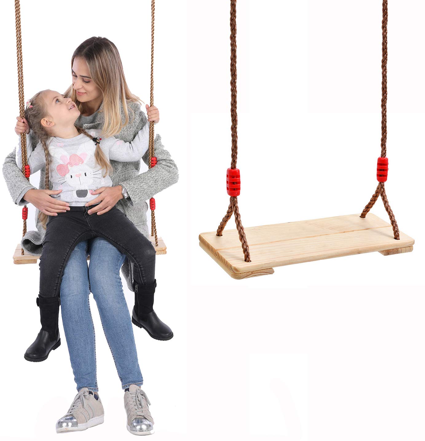 Buosha Rustic Wooden Swing - Adult & Kids Garden Board Swing with Height-Adjustable Rope