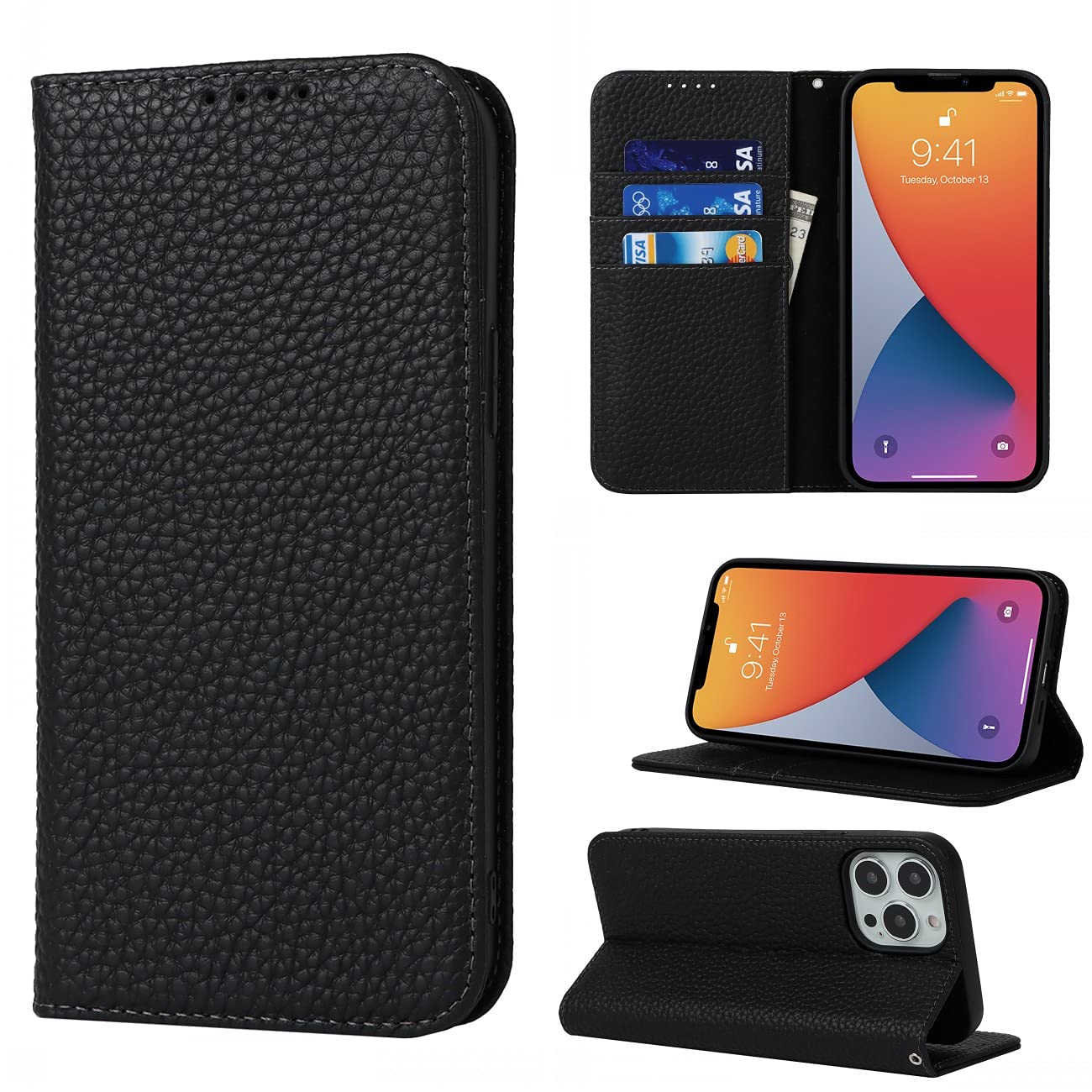 Copmob Phone Case iPhone 13 Pro Max,Flip Genuine Leather Wallet Case,[4 Slots][Magnetic closure][With Lanyard],Protective Cover Case for iPhone 13 Pro Max - Black