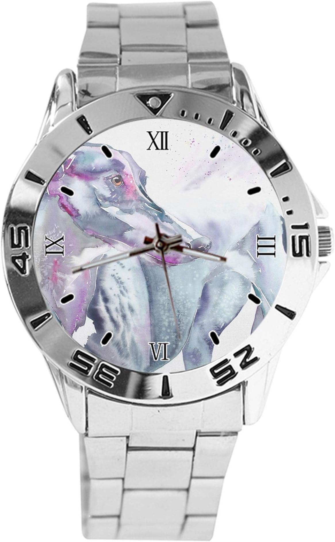 QccGreyhound Design Analog Wrist Watch Quartz Silver Dial Classic Stainless Steel Band Women's Men's Watch