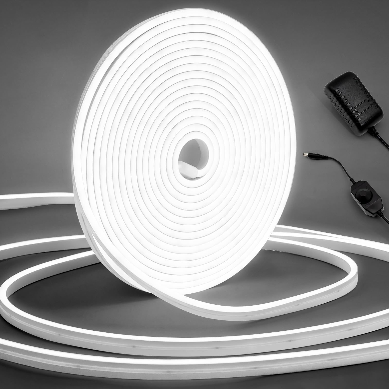 Photo 1 of LED Neon Rope Light, 32.8Ft Cool White Dimmable Led Strip Lights, DIY Flexible Silicone Waterproof Neon Strip Lights for Bedroom, Living Room, Kitchen, Indoor, Outdoor (Power Adapter Included)