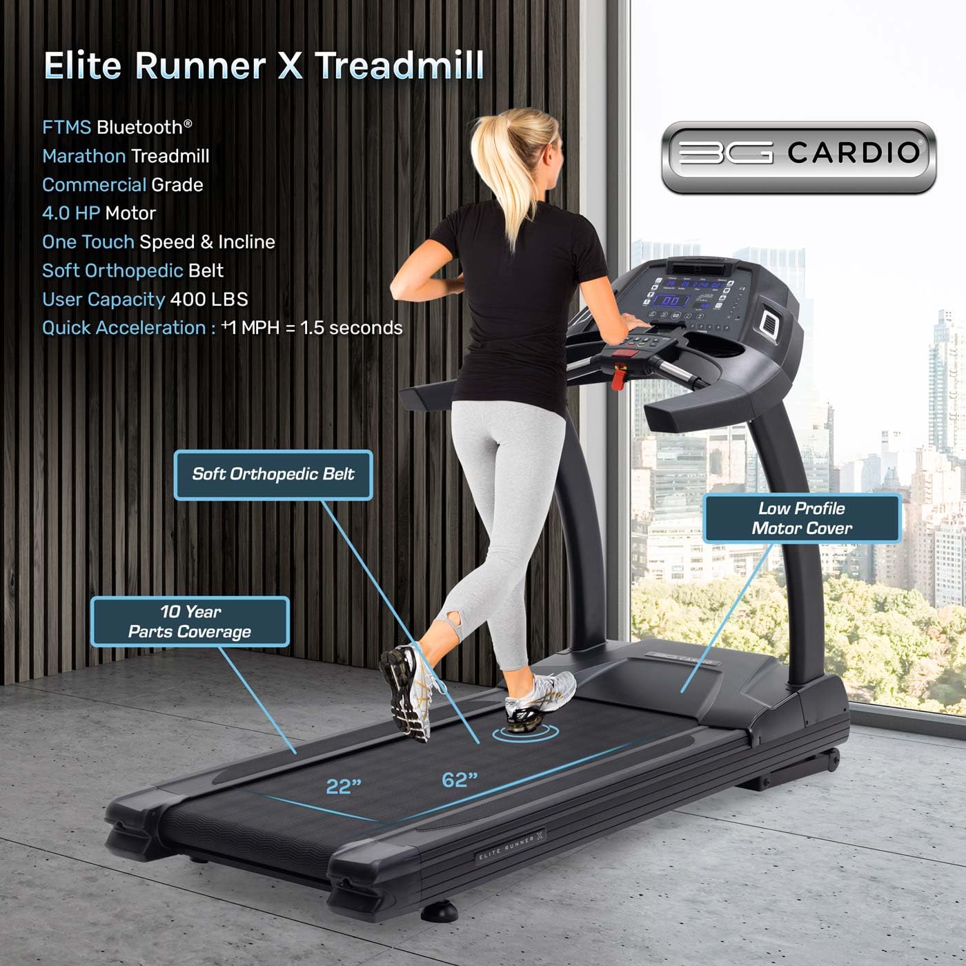 3G Cardio Elite Runner X Treadmill - Commercial Grade - FreeSync FTMS Bluetooth Connectivity - 4.0 HP - Large Ortho Flex Shock Suspension System Deck - Marathon Training - 400 lb Capacity