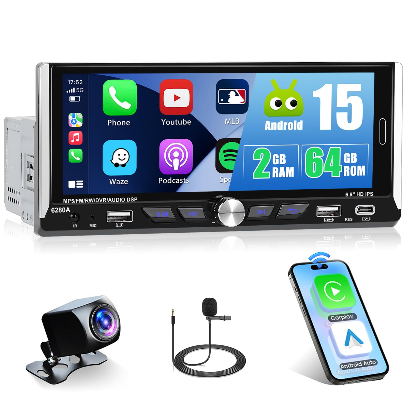 2+64G Android Single Din Car Stereo Wireless Apple CarPlay Android Auto,6.9 inch 1Din Touch Screen Radio Upgrade Car Audio Recevier Bluetooth GPS FM RDS, Single Din Head Unit+Free AHD Backup Cam