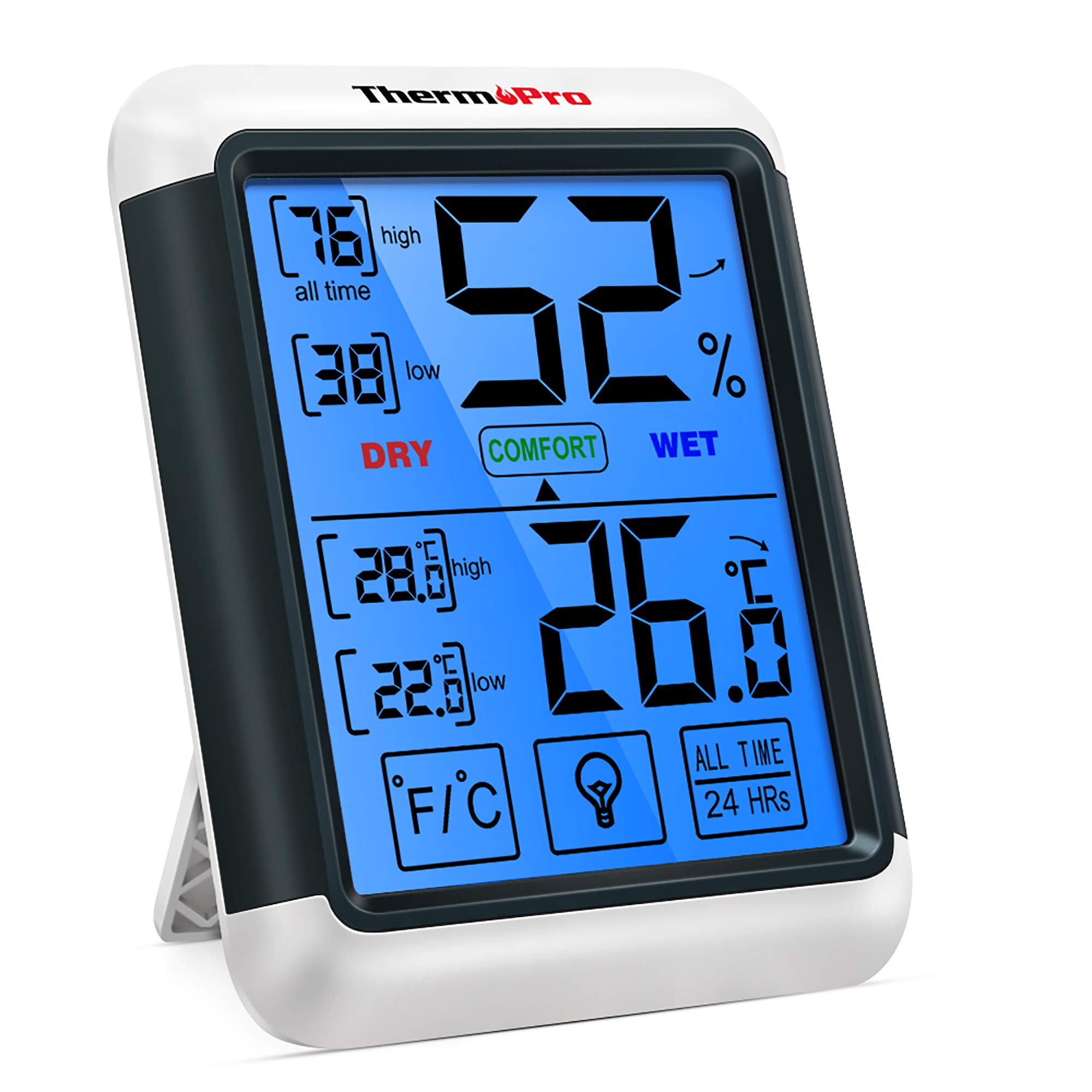 ThermoProサーモプロ 湿度計 温度計 デジタル 温湿度計 室内 LCD大画面 最高最低温湿度表示 バックライト機能 タッチスクリーン 置き掛け両用 マグネット付 TP55商品画像