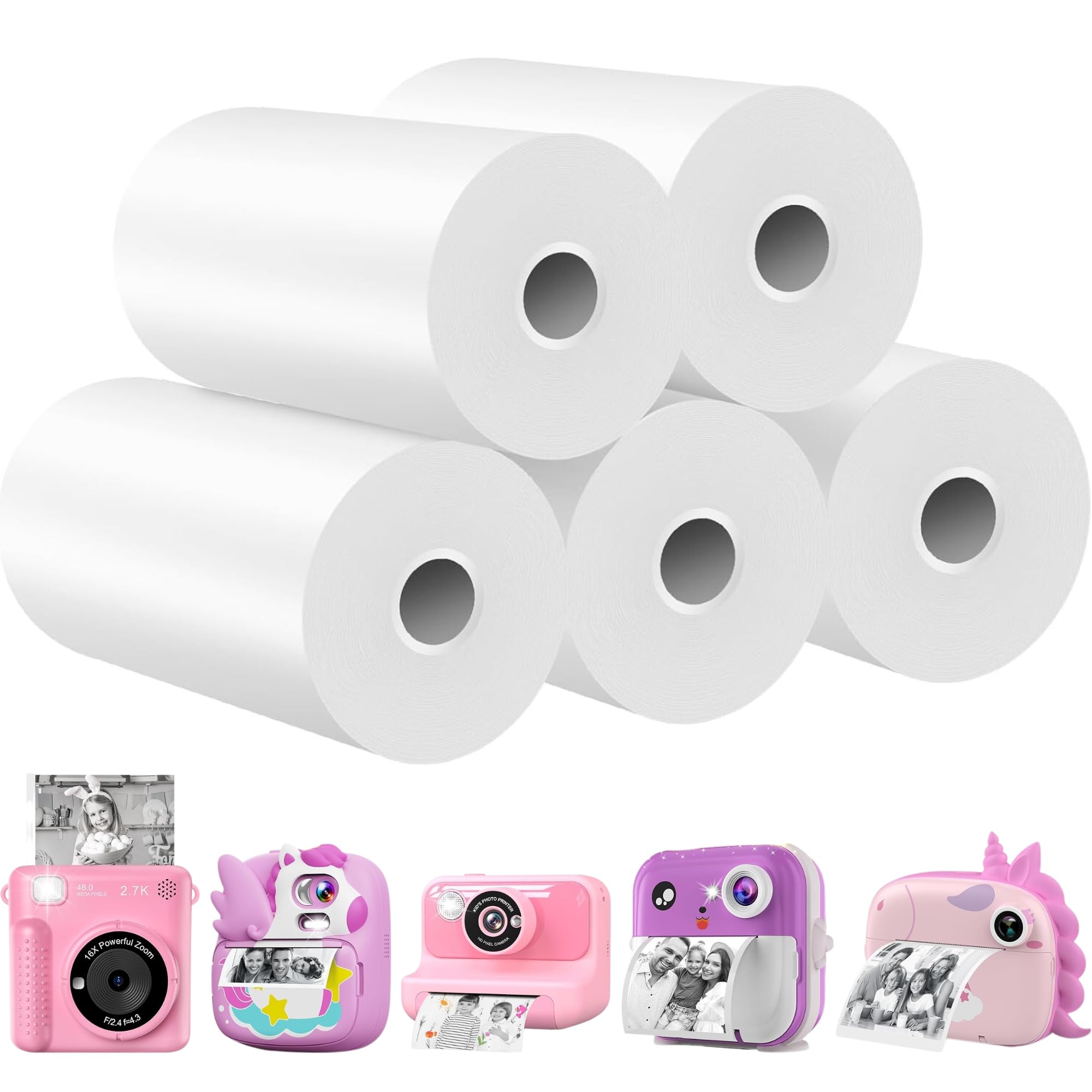 5 Rolls Kids Camera Print Paper Refill, Kids Instant Print Camera Photo Papers Compatible with Most Children Instant Print Camera, 2.2Inch, BPA Free