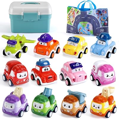 LULULIA Pull Back Cars 12 Pack Toy Set with Storage Box Playmat for Toddlers