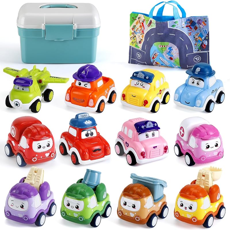 LULULIA Pull Back Cars 12 Pack Toy Set with Storage Box Playmat for Toddlers