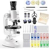 WEACFUS Microscope for Kids, 63-Piece STEM Science Kit | 100X-1200X Microscope with LED Light, Phone Holder, Blank and Prepared Slides, Educational Science Toy Gift for Ages 6-12