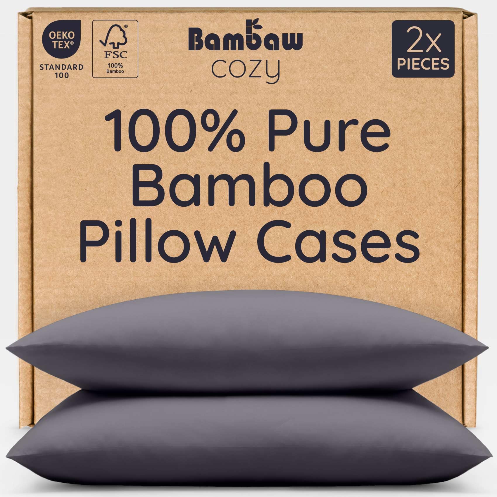 Bambaw Bamboo Pillowcase 50x75 cm, 2 Pack, Anti Frizz & Anti Acne Pillowcase, 100% Bamboo Cooling Pillow Cases with Envelope Closure, Anti Dust Mite & Cool Pillow Case 2 Pack, 50x75 cm (Charcoal)