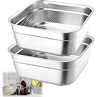 2-in-1 Stainless Steel Washing Up Bowl Set, 12.8" Sturdy Square Dish Tub with Colander, Fruit Vegetable Washing Basin for Sin