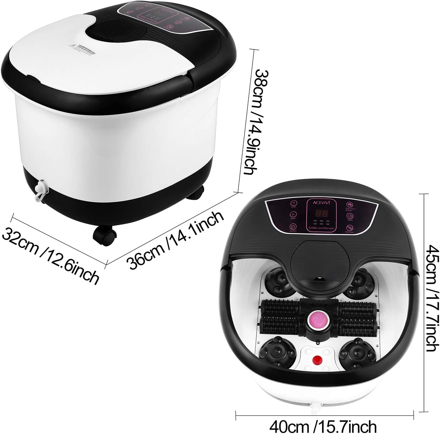 ACEVIVI Foot Bath with Heat and Massage and Bubbles, Foot Spa Massager w/Motorized Shiatsu Massage Ball and Maize Roller, Foot Stone, Digital Adjustable Temperature Control, Red Light, Multi-Modes: Health & Personal Care