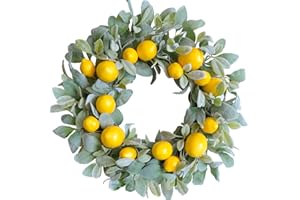 Egolot 18 Inch Yellow Lemon Spring Summer Wreath for Front Door, Lamb Ears Leaves with Artificial Lemon Door Wreath, Green Leaves for Indoor and Outdoor