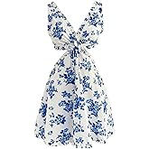 MakeMeChic Women's Floral Frill Trim V Neck Cut Out Sleeveless Bow Knot Summer Mini Dress