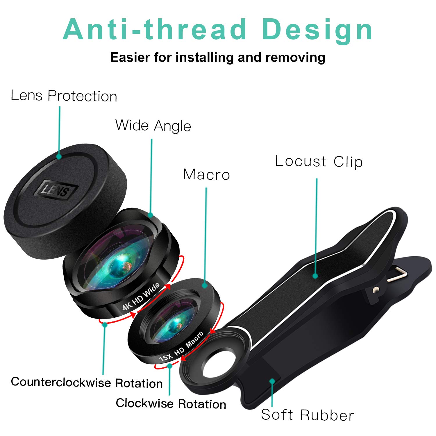 iPhone Lenses Kit - Universal 2 in 1 120°Wide Angle Lens & 15X Macro Lens, Cell Phone Camera Lens for iPhone 7/7 Plus/6s/6s Plus/6/5, Samsung Galaxy & More, Buy 1 Get 1 Free (Black)