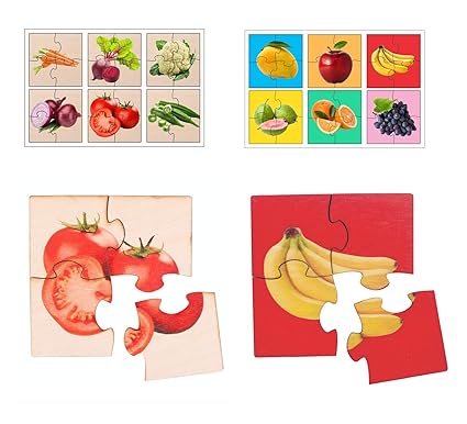 RK Cart Fruits & Vegetables Simple Puzzles for Kids, 4 Piece Wooden Jigsaw Fun Learning Toys, Set of 12