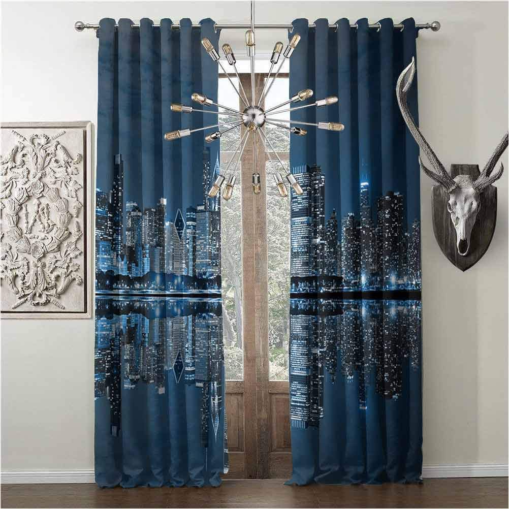 hengshu Curtains Set, Chicago Skyline, Privacy Thermal Insulated Curtain, Sleeping City Dramatic Urban Resting Popular American Lake Picture, W108 x L108 Inch, Night Blue Grey, Grommets Drapes,