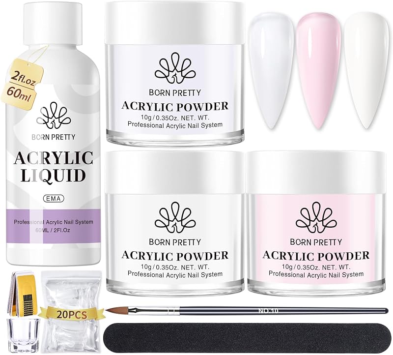 BORN PRETTY Acrylic Nail Kit Powder & Liquid Set Pink White Clear 10ml