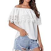 WDIRARA Women's Off The Shoulder Ruffle Trim Short Sleeve Lace Blouse Casual Tops
