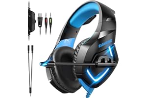 EUARNE Gaming Headset for PS4, Xbox One, PS5, 3.5mm Noise Canceling Headphones with 3D Surround Sound Stereo USB LED Omnidirectional Microphone PC, Mac, Laptop, PlayStation 5, Black and Blue,(K-K1-B)